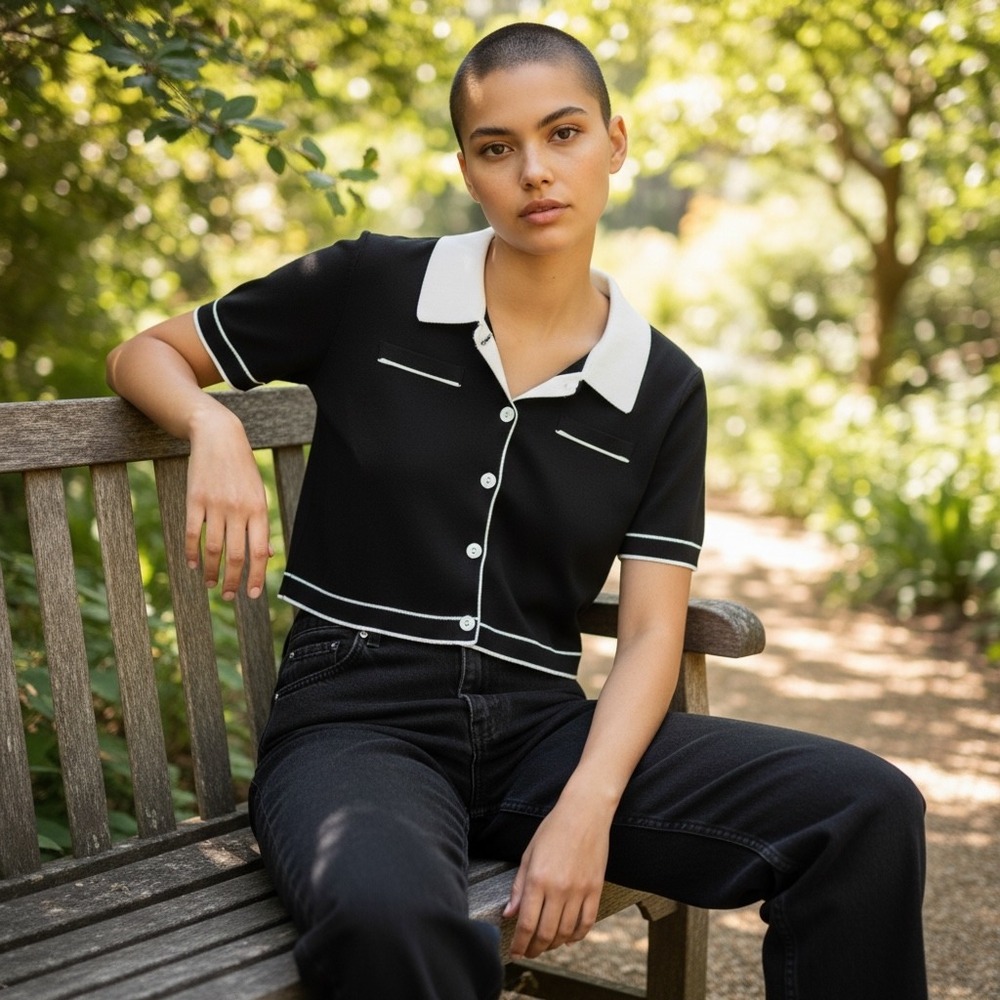 Industry Republic Clothing Womens Black White Knit‎ Cropped Cardigan Polo Top S
